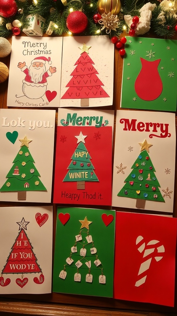 A display of colorful handmade Christmas cards with various designs and decorations on a festive background.